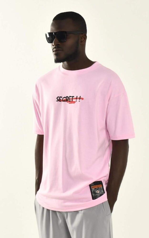 Erkek Pembe Secret Baskılı %100 Pamuk Kalın Dokulu T-shirt - 2