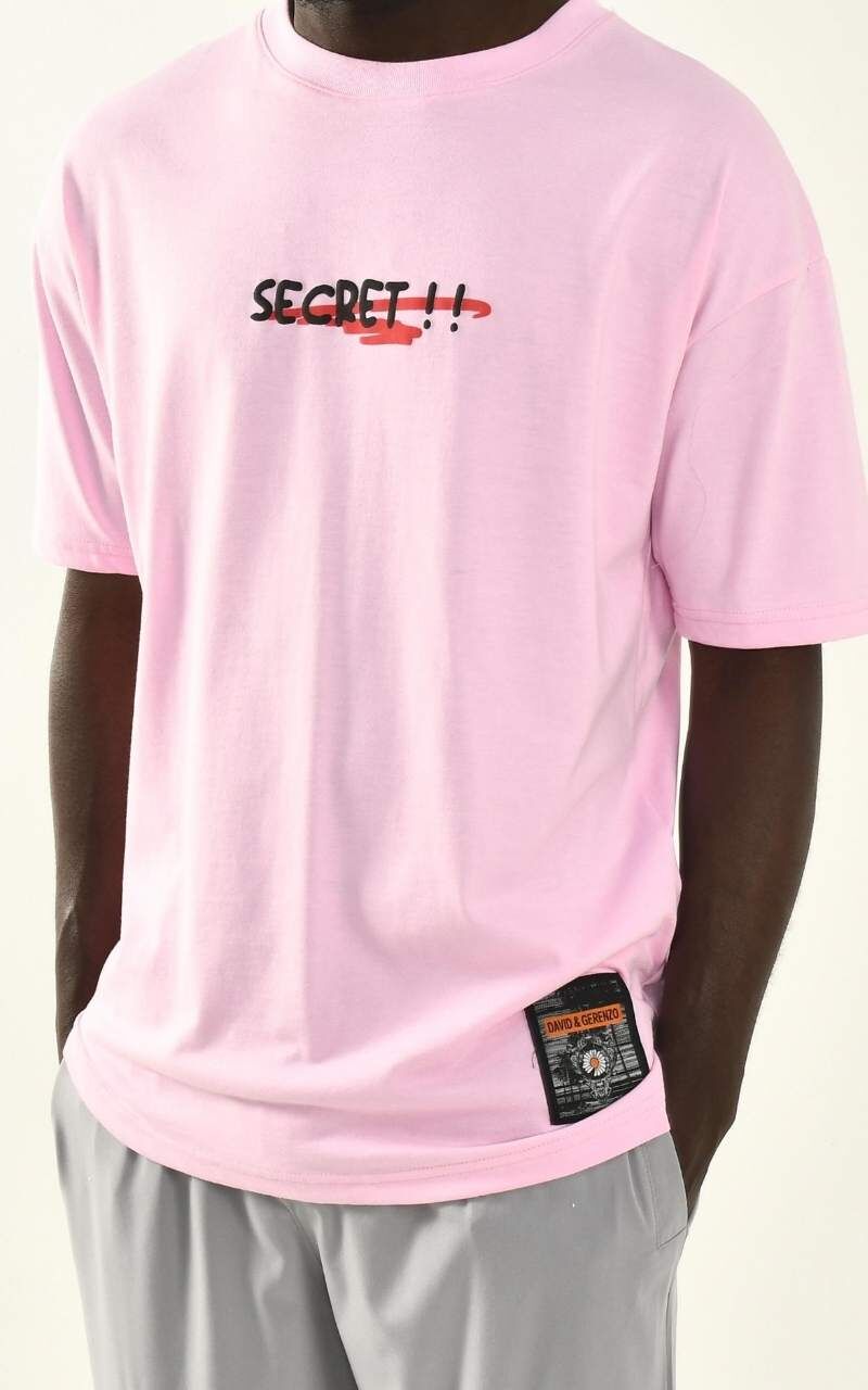 Erkek Pembe Secret Baskılı %100 Pamuk Kalın Dokulu T-shirt - 3