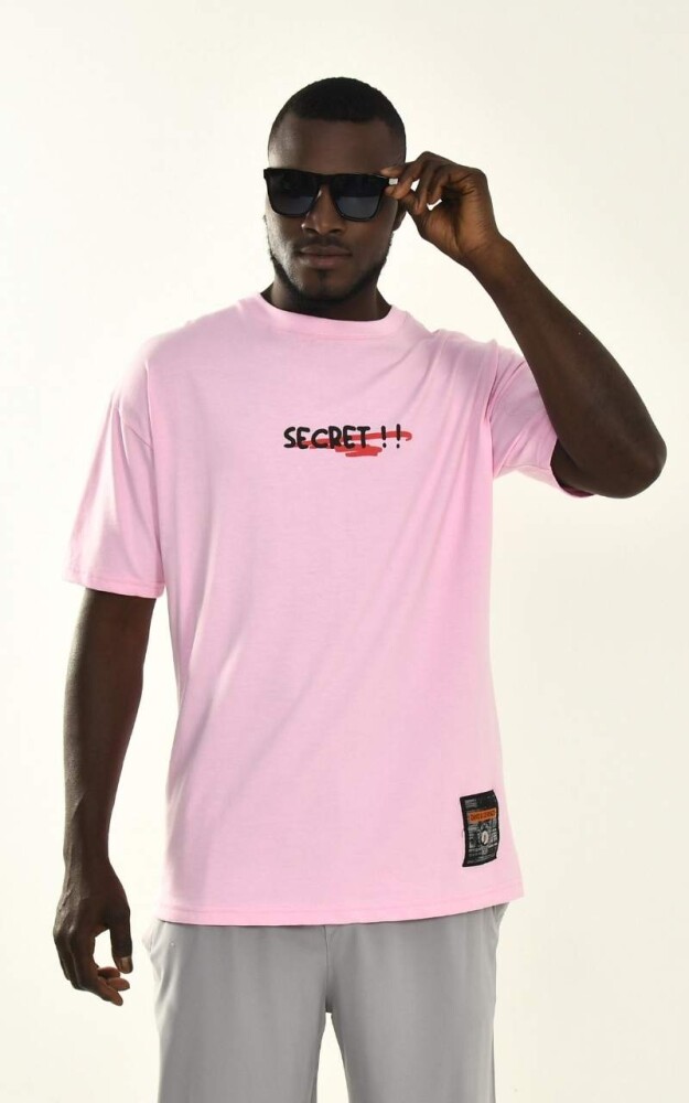 Erkek Pembe Secret Baskılı %100 Pamuk Kalın Dokulu T-shirt - 5