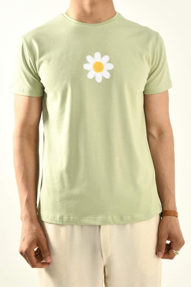 Mint Yeşili Papatya Nakış Detaylı Bisiklet Yaka T shirt - 2