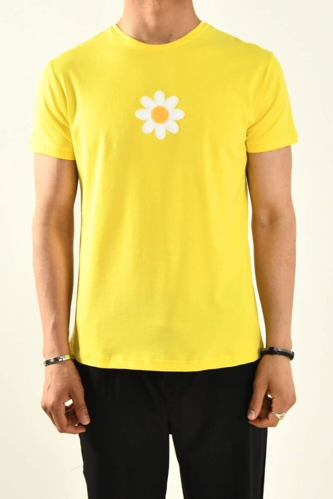 Sarı Papatya Nakış Detaylı Bisiklet Yaka T shirt - 2